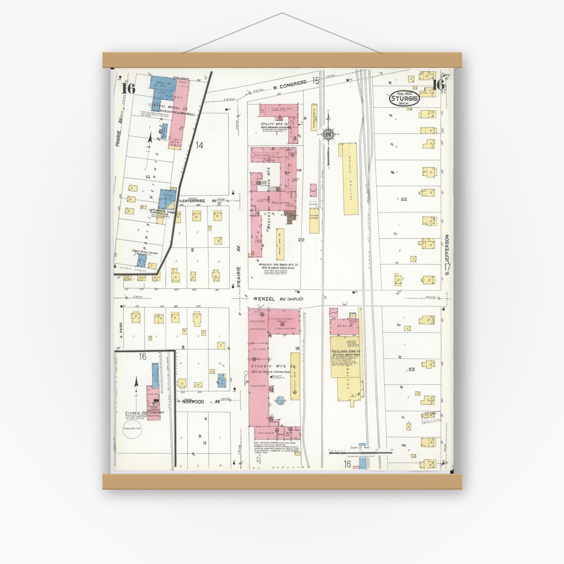 Old map wall art mockup — magnetic wood frame on white wall — Sanborn Fire Insurance Map from Sturgis, Saint Joseph County, Michigan (1923), Sheet #0016