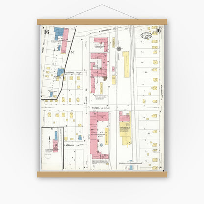 Old map wall art mockup — magnetic wood frame on white wall — Sanborn Fire Insurance Map from Sturgis, Saint Joseph County, Michigan (1923), Sheet #0016