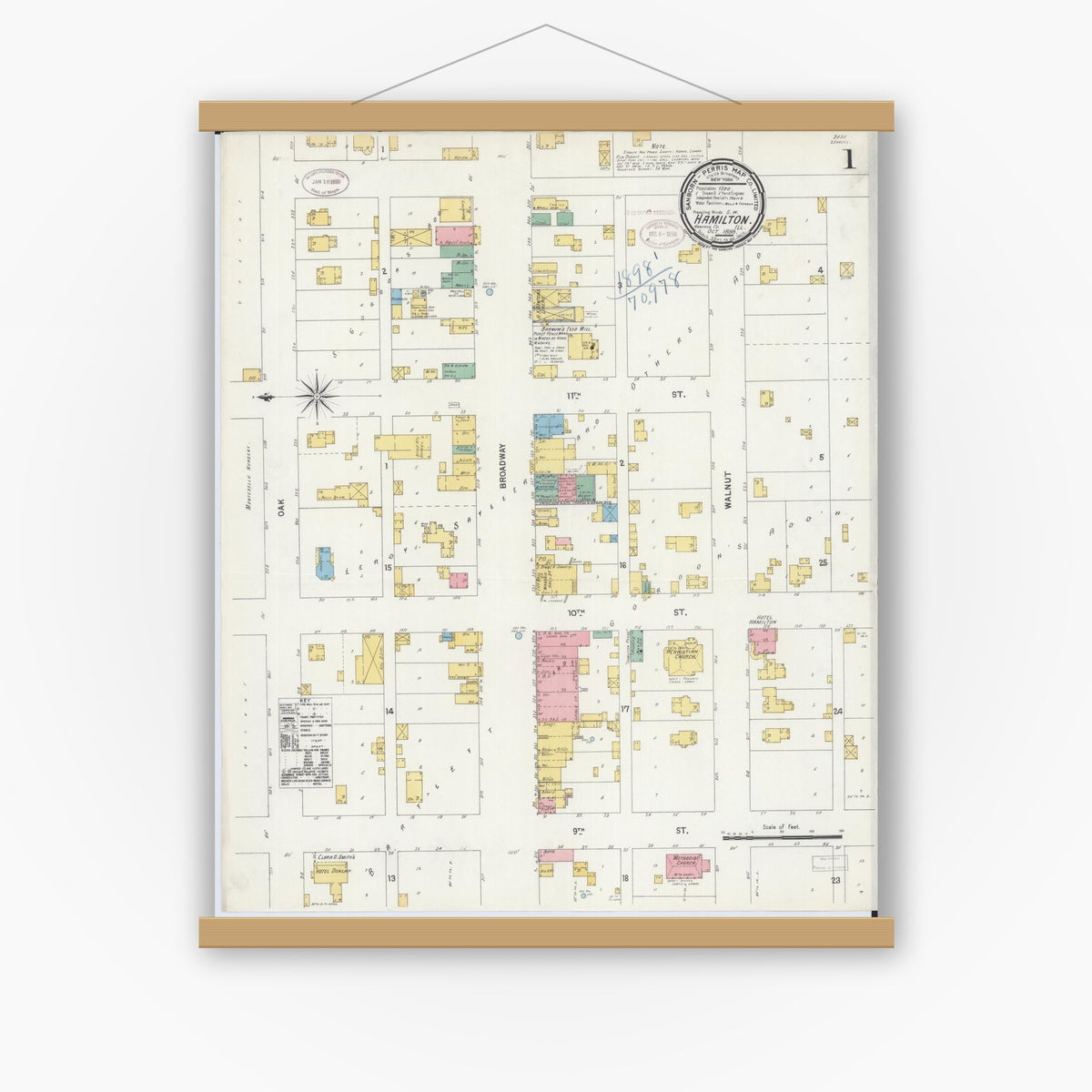 Old map wall art mockup — magnetic wood frame on white wall — Sanborn Fire Insurance Map from Hamilton, Hancock County, Illinois (1898), Sheet #0001