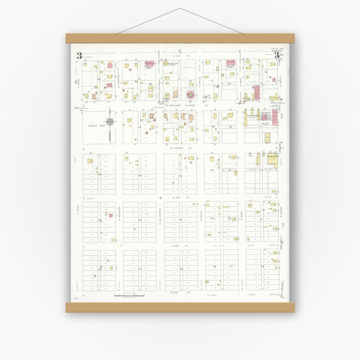 Old map wall art mockup — magnetic wood frame on white wall — Sanborn Fire Insurance Map from Tulia, Swisher County, Texas (1936), Sheet #0003