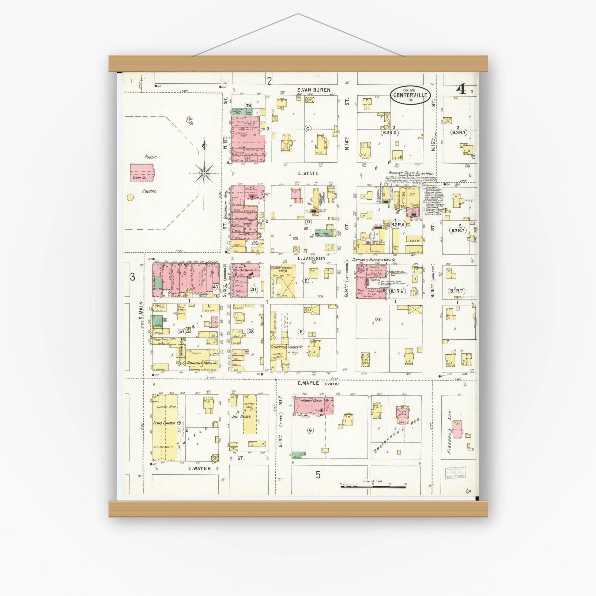 Old map wall art mockup — magnetic wood frame on white wall — Sanborn Fire Insurance Map from Centerville, Appanoose County, Iowa (1898), Sheet #0004