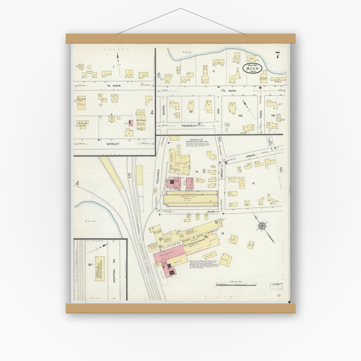 Old map wall art mockup — magnetic wood frame on white wall — Sanborn Fire Insurance Map from Ayer, Middlesex County, Massachusetts (1912), Sheet #0007