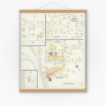 Old map wall art mockup — magnetic wood frame on white wall — Sanborn Fire Insurance Map from Ayer, Middlesex County, Massachusetts (1912), Sheet #0007