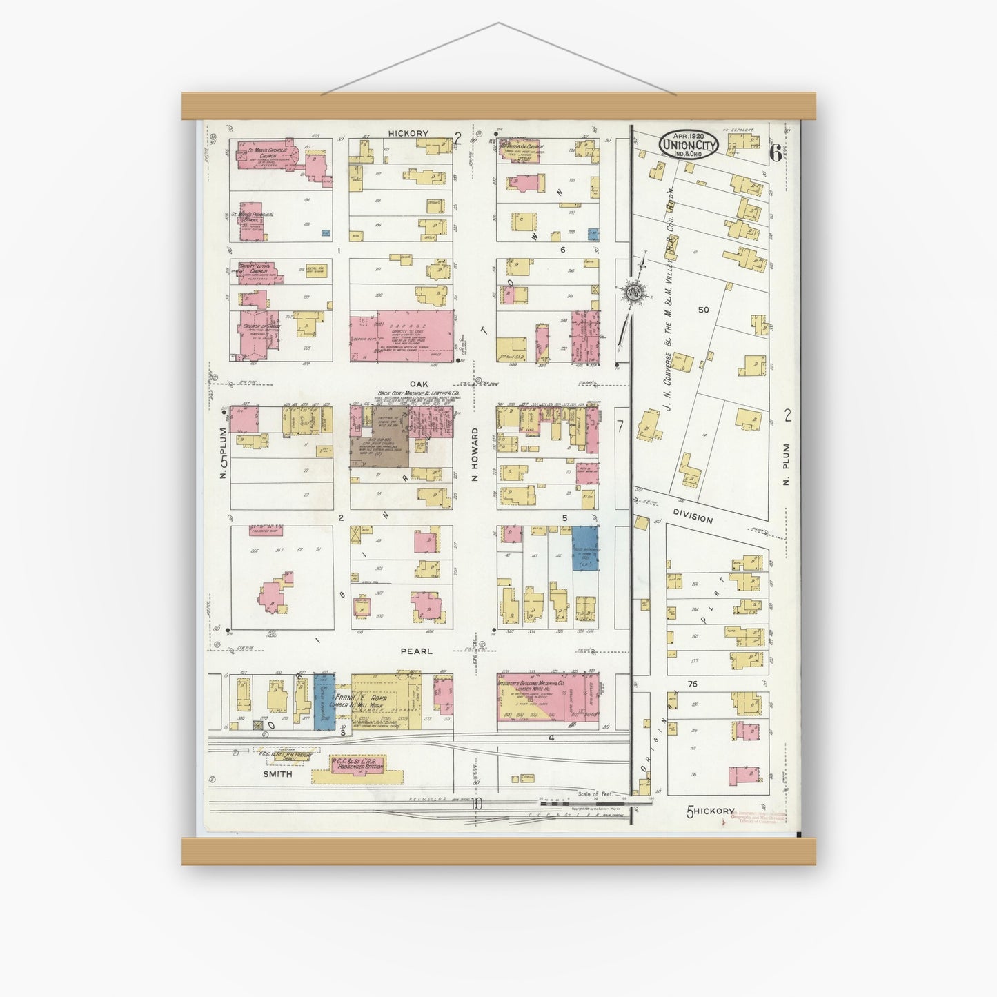 Old map wall art mockup — magnetic wood frame on white wall — Sanborn Fire Insurance Map from Union City, Randolph County, Indiana (1920), Sheet #0006