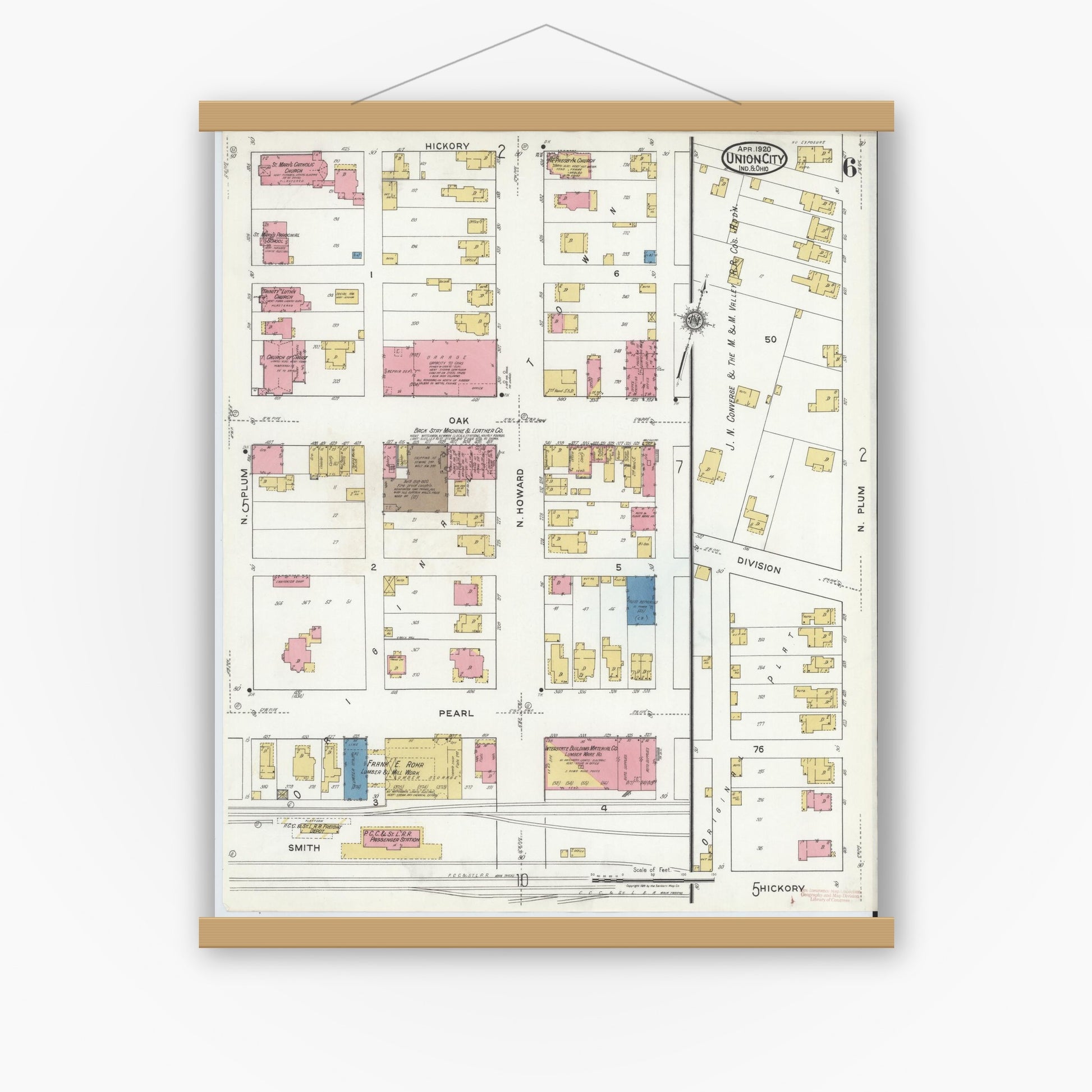 Old map wall art mockup — magnetic wood frame on white wall — Sanborn Fire Insurance Map from Union City, Randolph County, Indiana (1920), Sheet #0006