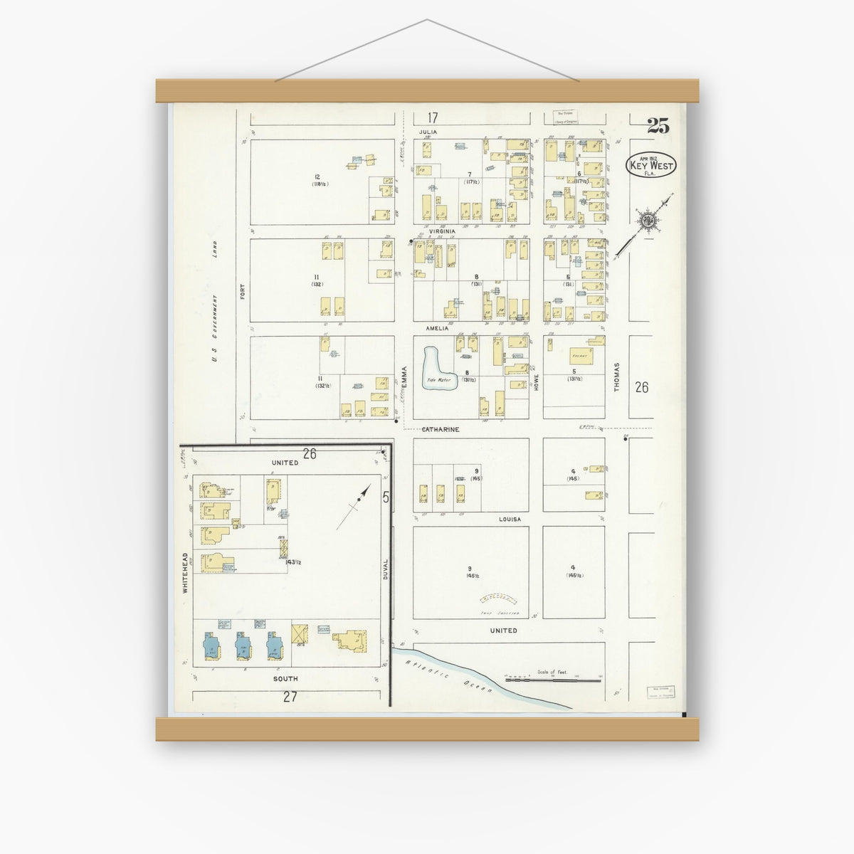 Old map wall art mockup — magnetic wood frame on white wall — Sanborn Fire Insurance Map from Key West, Monroe County, Florida (1912), Sheet #0025