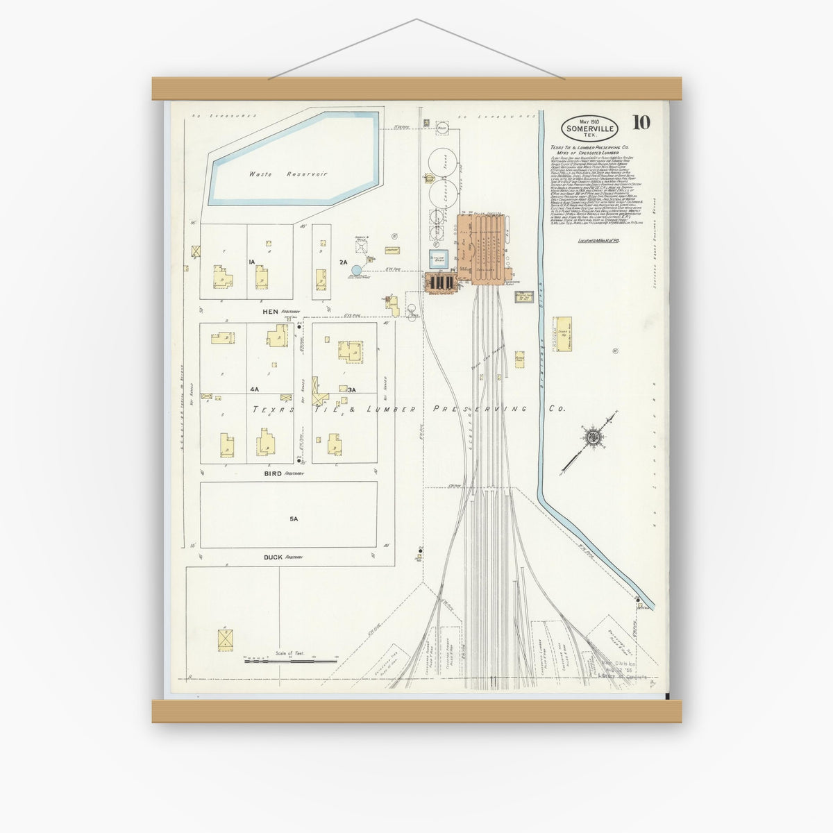 Old map wall art mockup — magnetic wood frame on white wall — Sanborn Fire Insurance Map from Somerville, Burleson County, Texas (1910), Sheet #0010