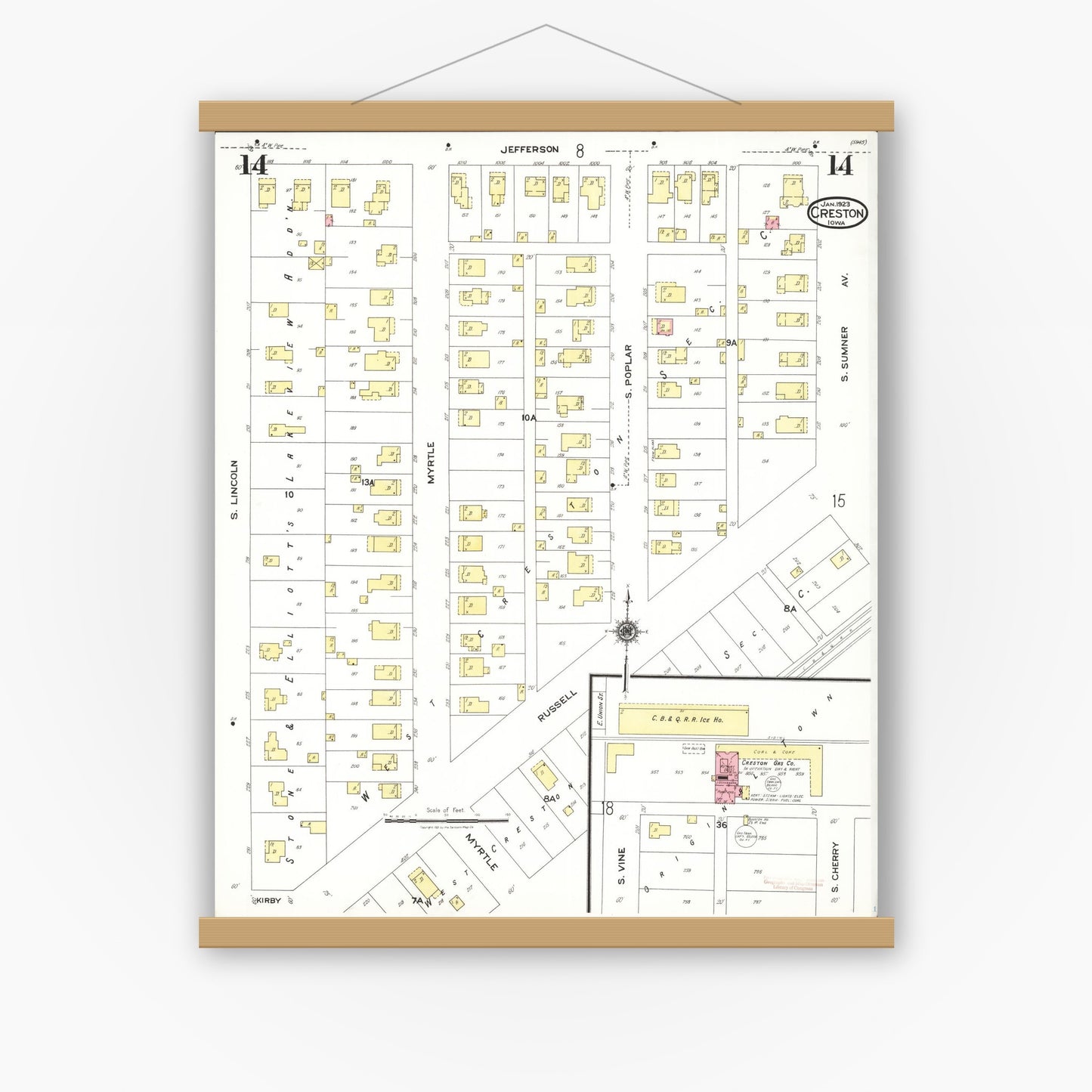 Old map wall art mockup — magnetic wood frame on white wall — Sanborn Fire Insurance Map from Creston, Union County, Iowa (1923), Sheet #0014