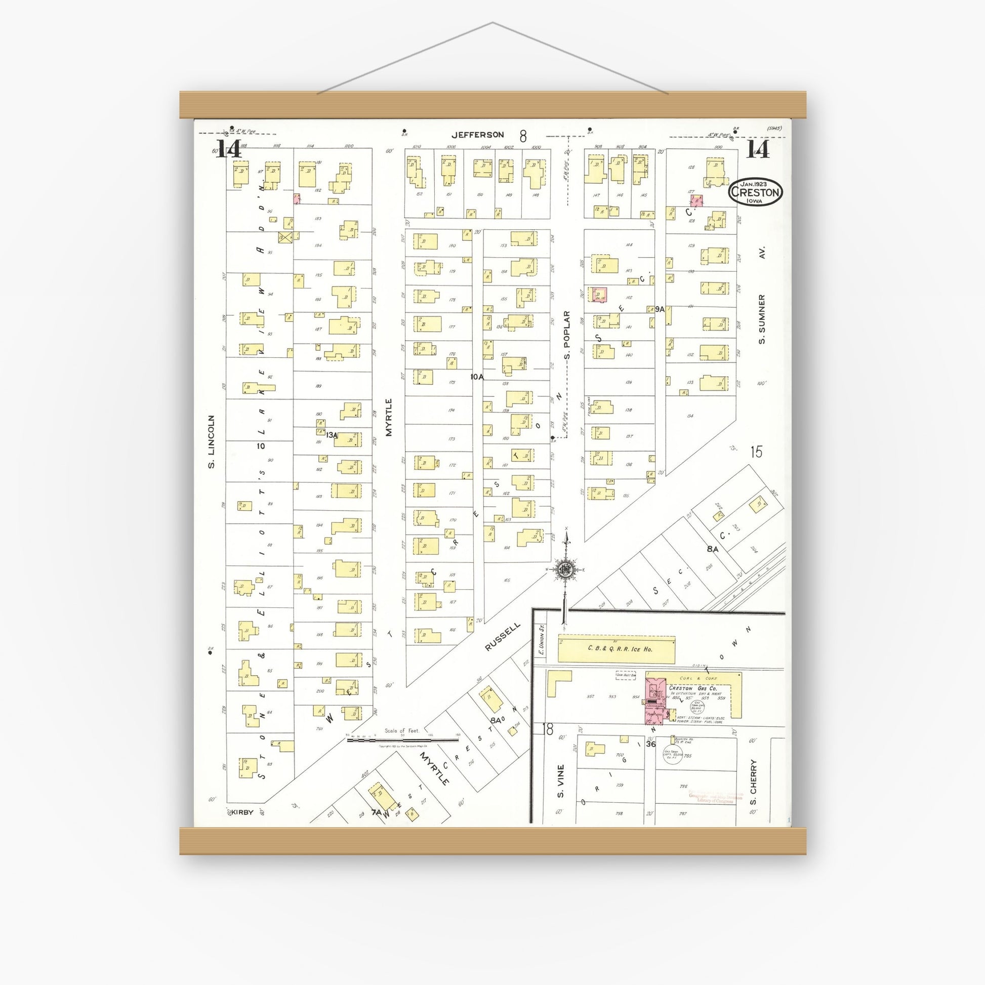 Old map wall art mockup — magnetic wood frame on white wall — Sanborn Fire Insurance Map from Creston, Union County, Iowa (1923), Sheet #0014