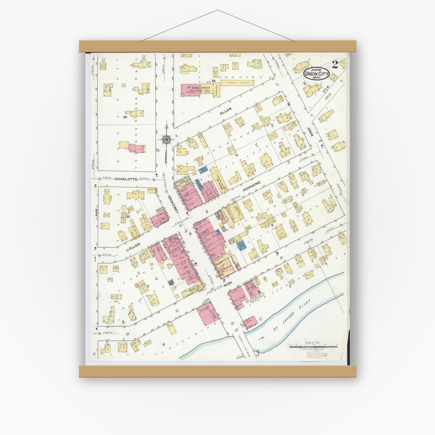Old map wall art mockup — magnetic wood frame on white wall — Sanborn Fire Insurance Map from Union City, Branch And Calhoun Counties, Michigan (1918), Sheet #0002