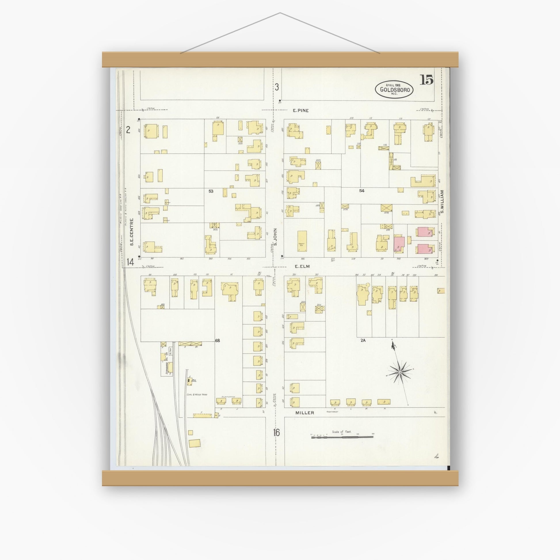 Old map wall art mockup — magnetic wood frame on white wall — Sanborn Fire Insurance Map from Goldsboro, Wayne County, North Carolina (1908), Sheet #0015