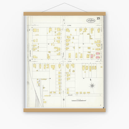 Old map wall art mockup — magnetic wood frame on white wall — Sanborn Fire Insurance Map from Goldsboro, Wayne County, North Carolina (1908), Sheet #0015