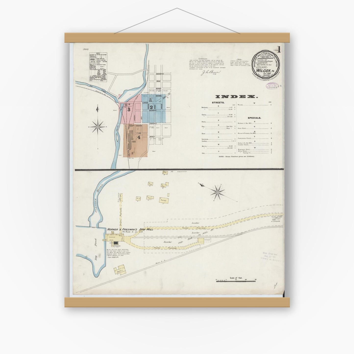 Old map wall art mockup — magnetic wood frame on white wall — Sanborn Fire Insurance Map from Wilcox, Elk County, Pennsylvania (1887) - Complete Map Set