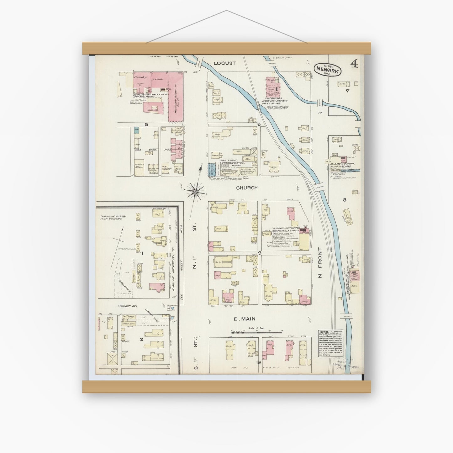 Old map wall art mockup — magnetic wood frame on white wall — Sanborn Fire Insurance Map from Newark, Licking County, Ohio (1884), Sheet #0004