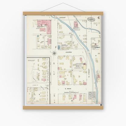 Old map wall art mockup — magnetic wood frame on white wall — Sanborn Fire Insurance Map from Newark, Licking County, Ohio (1884), Sheet #0004