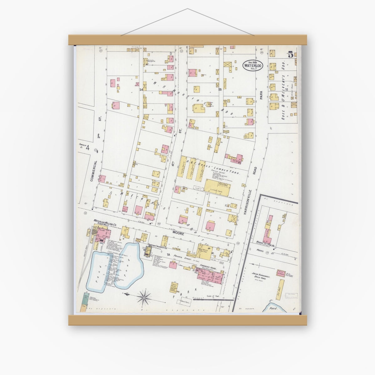 Old map wall art mockup — magnetic wood frame on white wall — Sanborn Fire Insurance Map from Waterloo, Monroe County, Illinois (1899), Sheet #0005