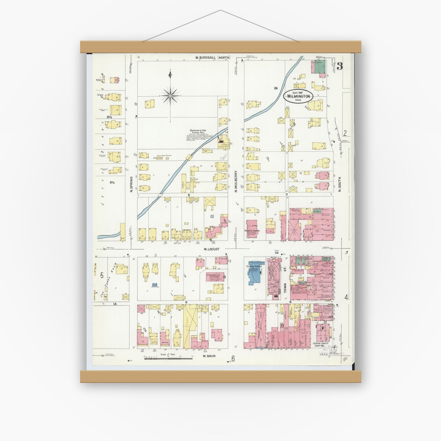Old map wall art mockup — magnetic wood frame on white wall — Sanborn Fire Insurance Map from Wilmington, Clinton County, Ohio (1907), Sheet #0003