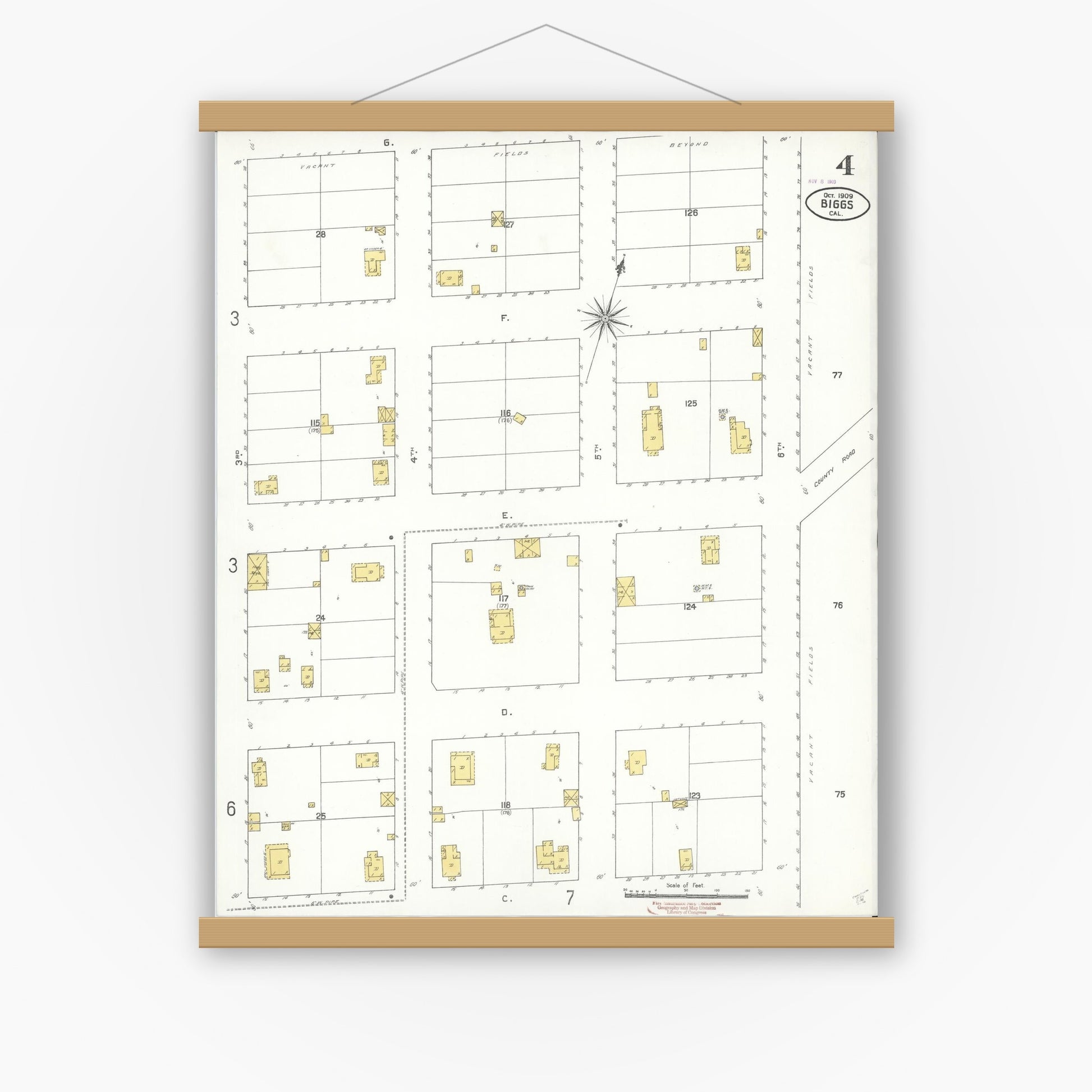 Old map wall art mockup — magnetic wood frame on white wall — Sanborn Fire Insurance Map from Biggs, Butte County, California (1909), Sheet #0004