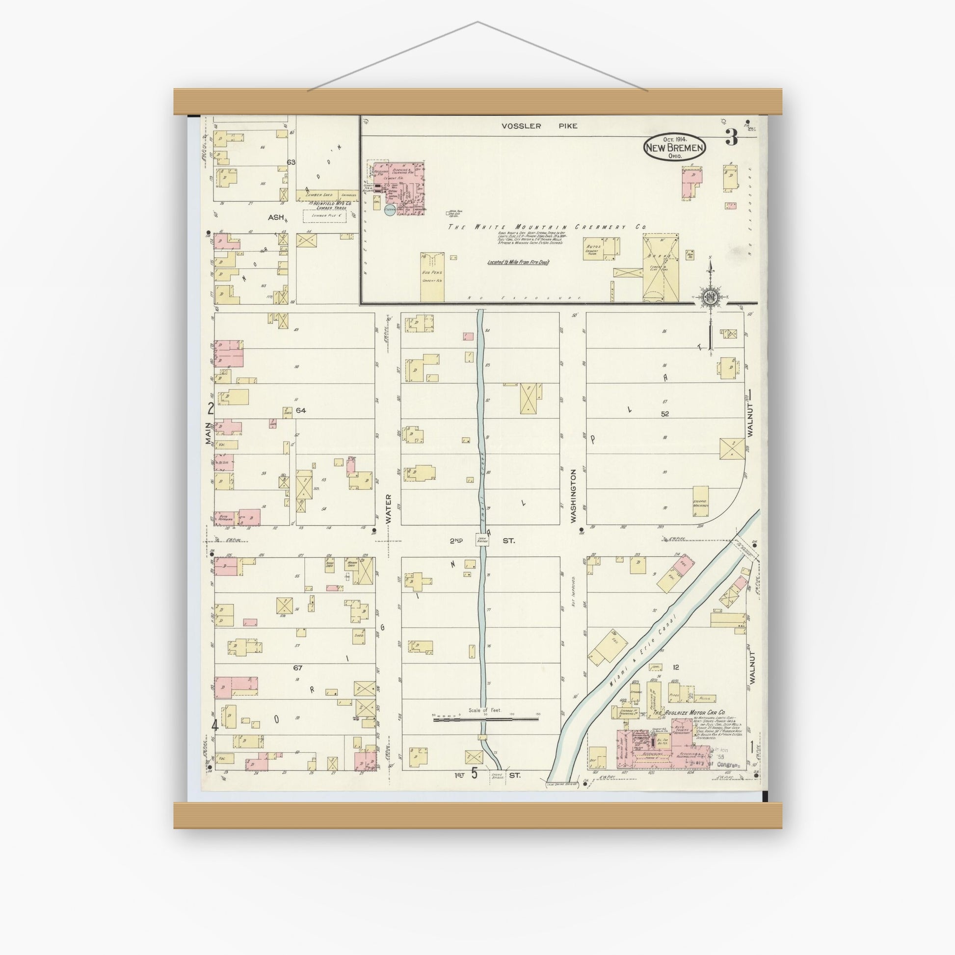 Old map wall art mockup — magnetic wood frame on white wall — Sanborn Fire Insurance Map from New Bremen, Auglaize County, Ohio (1914), Sheet #0003