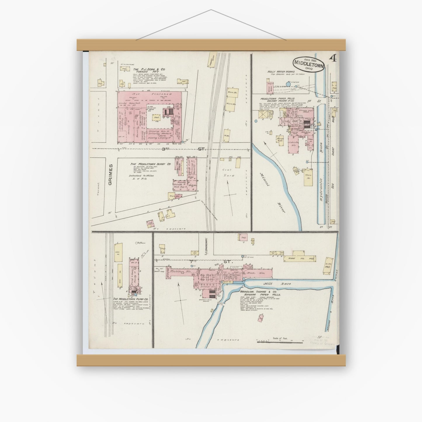 Old map wall art mockup — magnetic wood frame on white wall — Sanborn Fire Insurance Map from Middletown, Butler County, Ohio (1885), Sheet #0004