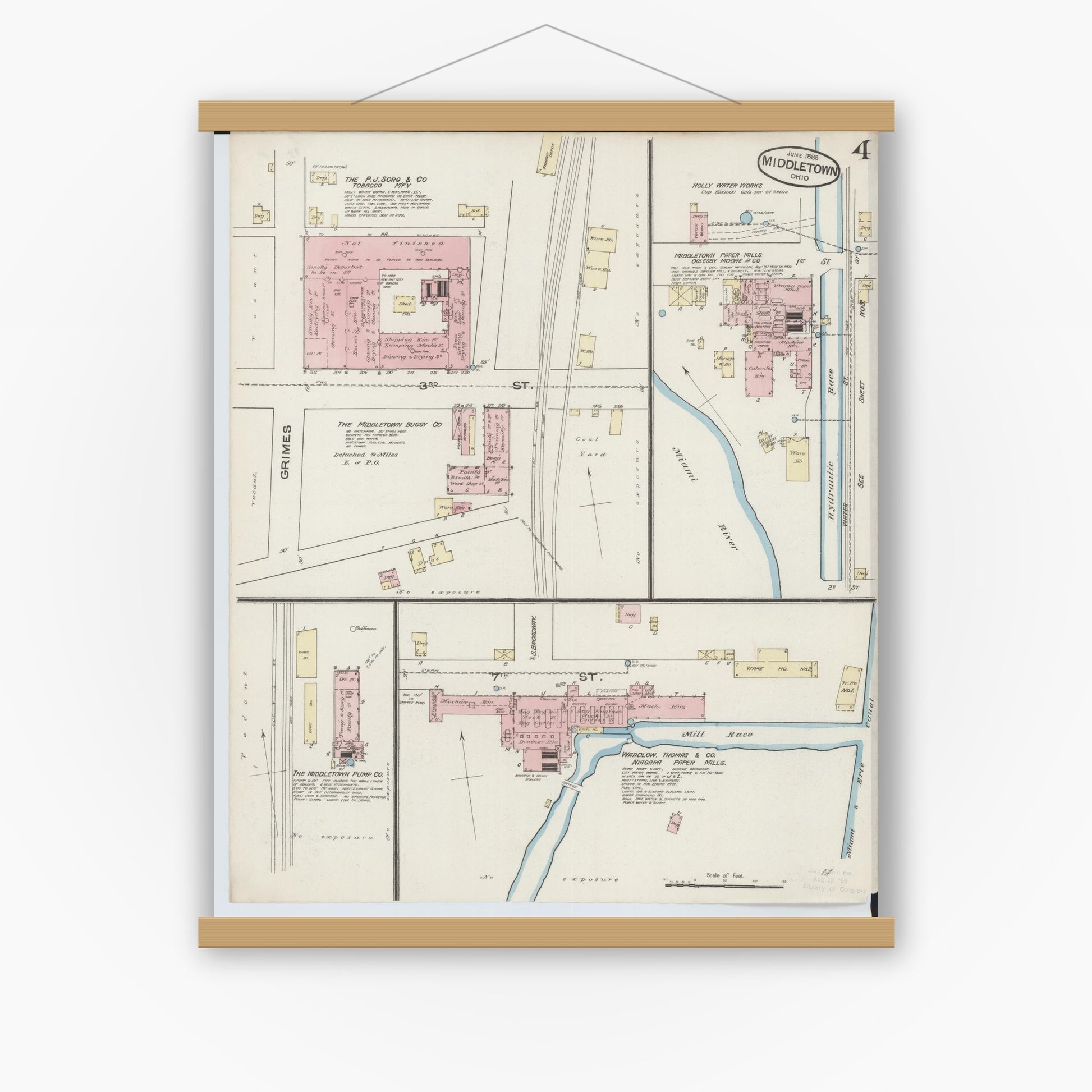 Old map wall art mockup — magnetic wood frame on white wall — Sanborn Fire Insurance Map from Middletown, Butler County, Ohio (1885), Sheet #0004