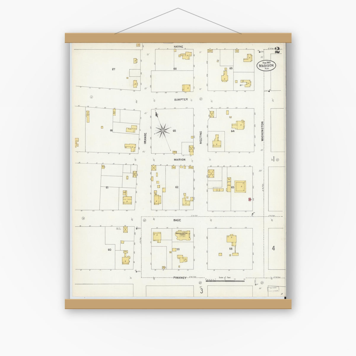Old map wall art mockup — magnetic wood frame on white wall — Sanborn Fire Insurance Map from Madison, Madison County, Florida (1903), Sheet #0002