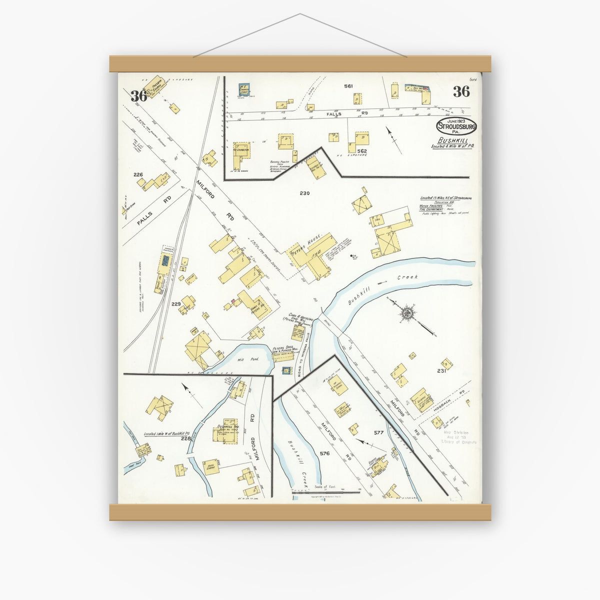 Old map wall art mockup — magnetic wood frame on white wall — Sanborn Fire Insurance Map from Stroudsburg, Monroe County, Pennsylvania (1923), Sheet #0036