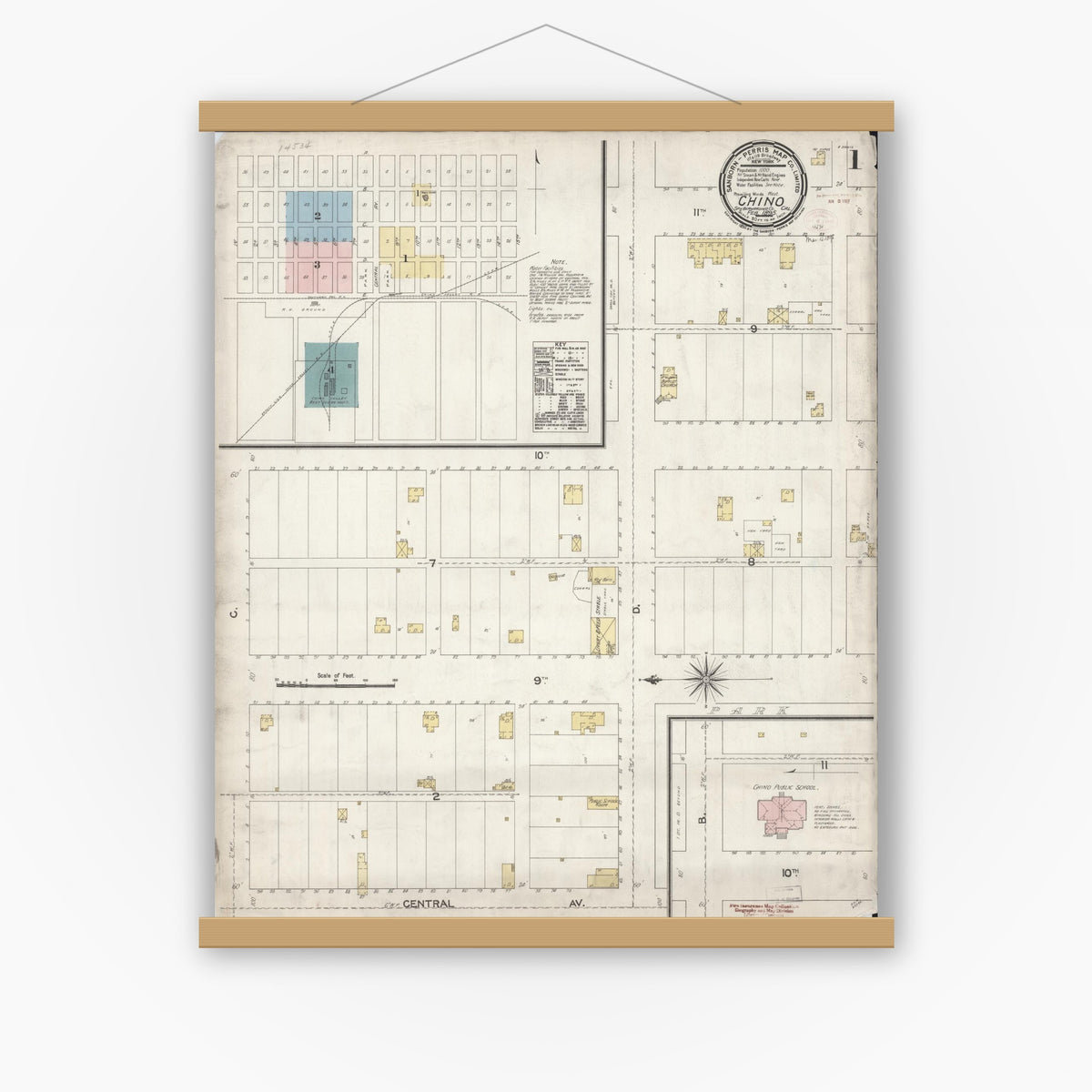 Old map wall art mockup — magnetic wood frame on white wall — Sanborn Fire Insurance Map from Chino, San Bernardino County, California (1895), Sheet #0001