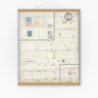 Old map wall art mockup — magnetic wood frame on white wall — Sanborn Fire Insurance Map from Chino, San Bernardino County, California (1895), Sheet #0001