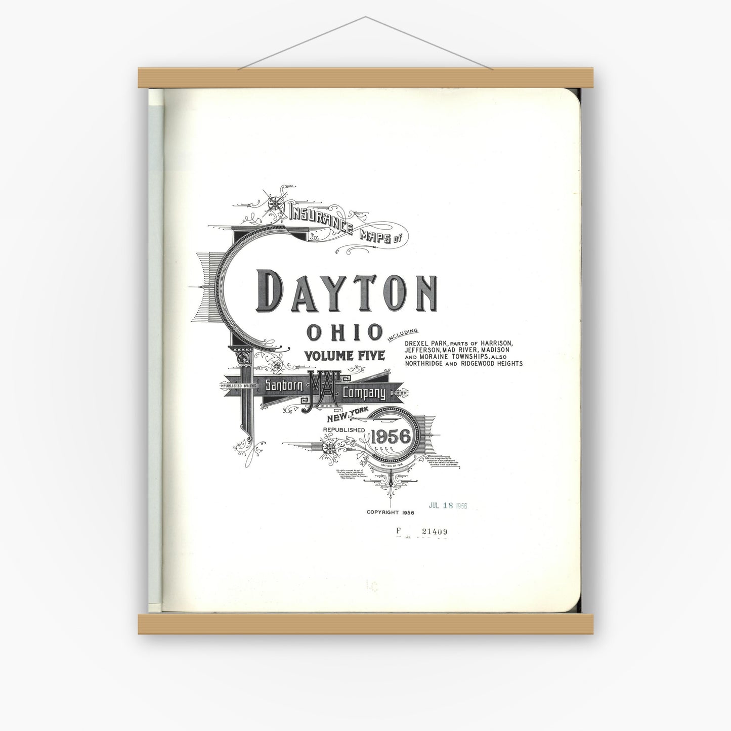 Old map wall art mockup — magnetic wood frame on white wall — Sanborn Fire Insurance Map from Dayton, Montgomery County, Ohio (1956), Sheet #0001