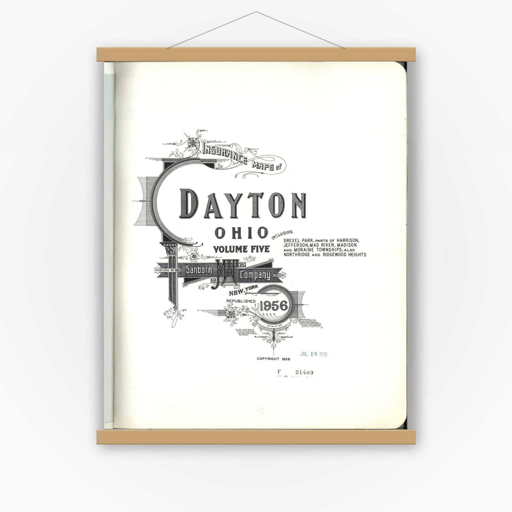 Old map wall art mockup — magnetic wood frame on white wall — Sanborn Fire Insurance Map from Dayton, Montgomery County, Ohio (1956), Sheet #0001