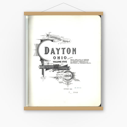 Old map wall art mockup — magnetic wood frame on white wall — Sanborn Fire Insurance Map from Dayton, Montgomery County, Ohio (1956), Sheet #0001