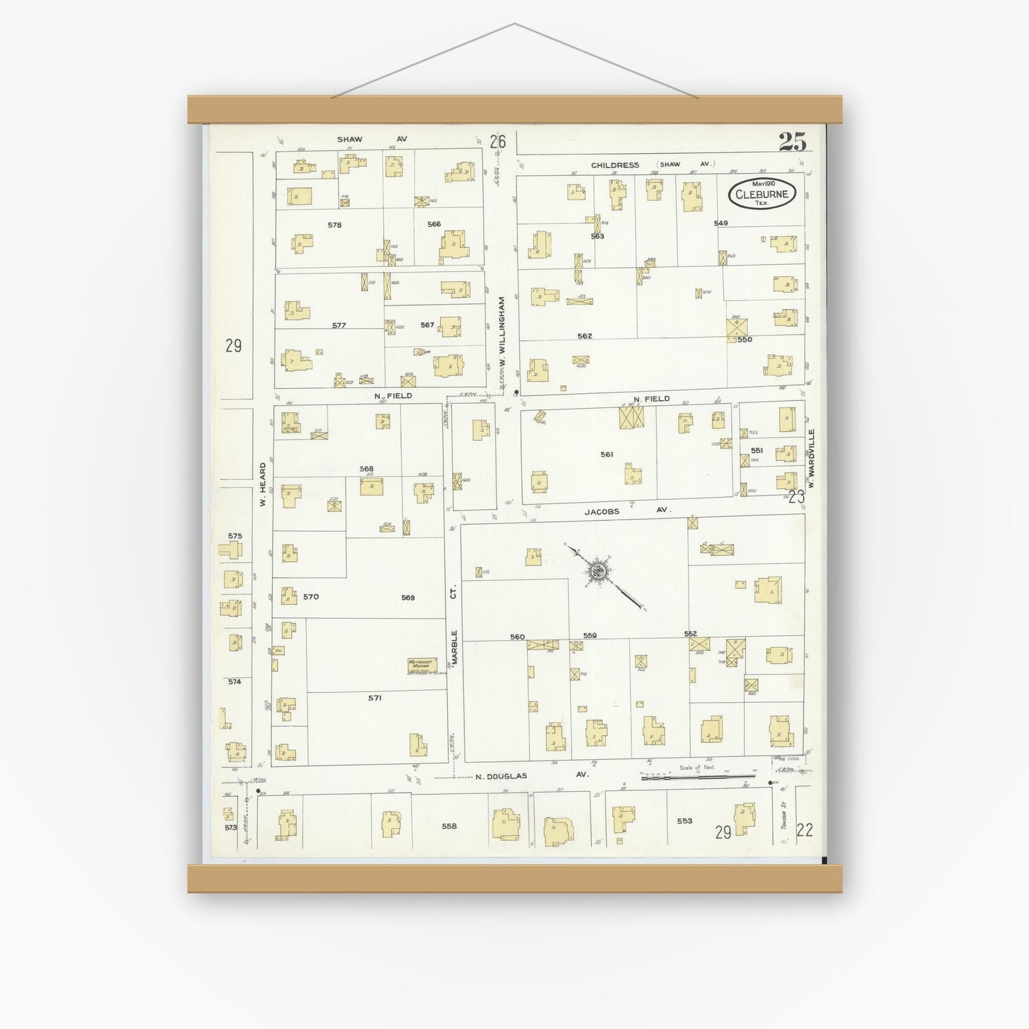 Old map wall art mockup — magnetic wood frame on white wall — Sanborn Fire Insurance Map from Cleburne, Johnson County, Texas (1910), Sheet #0025