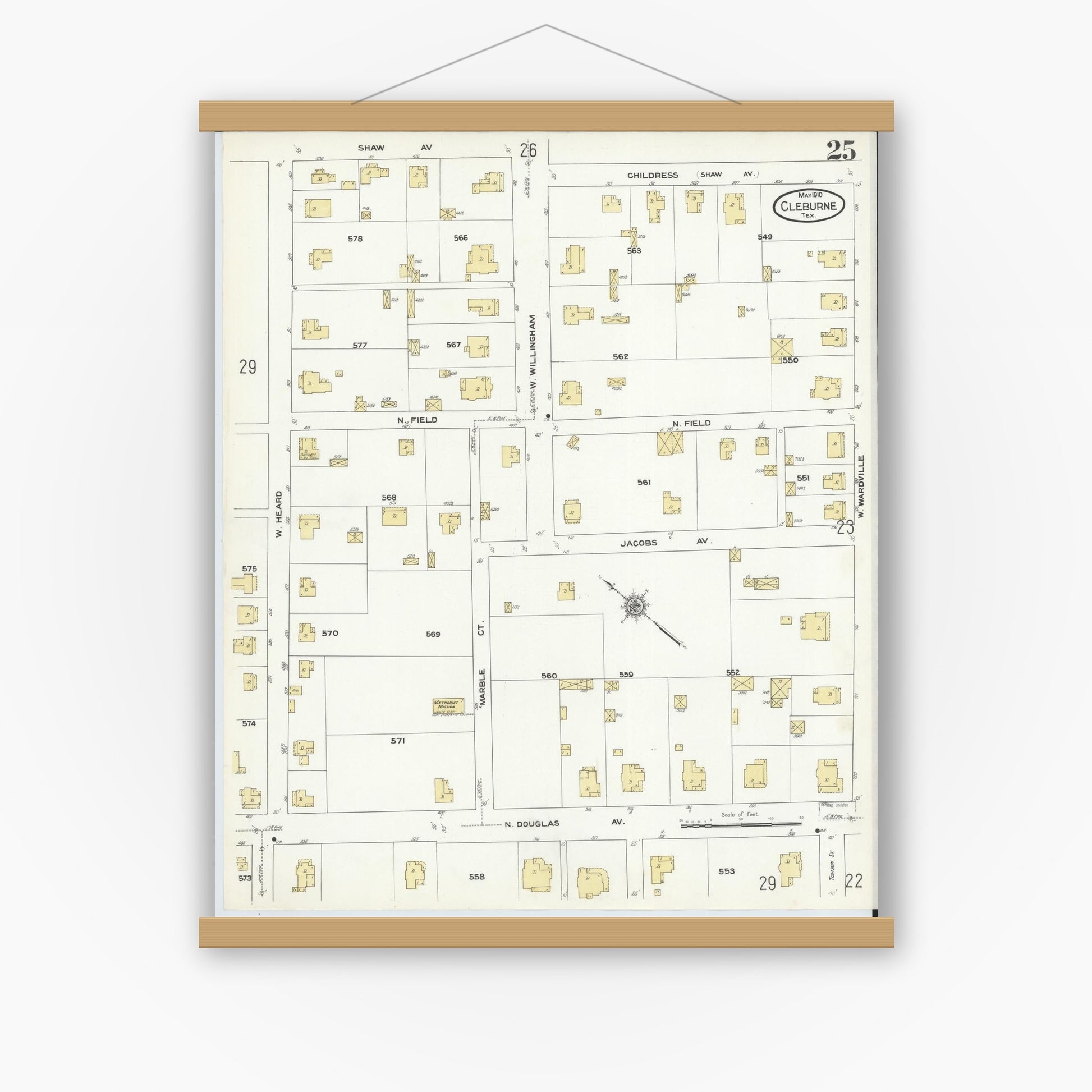Old map wall art mockup — magnetic wood frame on white wall — Sanborn Fire Insurance Map from Cleburne, Johnson County, Texas (1910), Sheet #0025