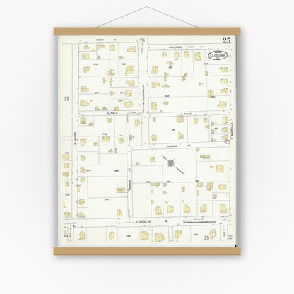 Old map wall art mockup — magnetic wood frame on white wall — Sanborn Fire Insurance Map from Cleburne, Johnson County, Texas (1910), Sheet #0025