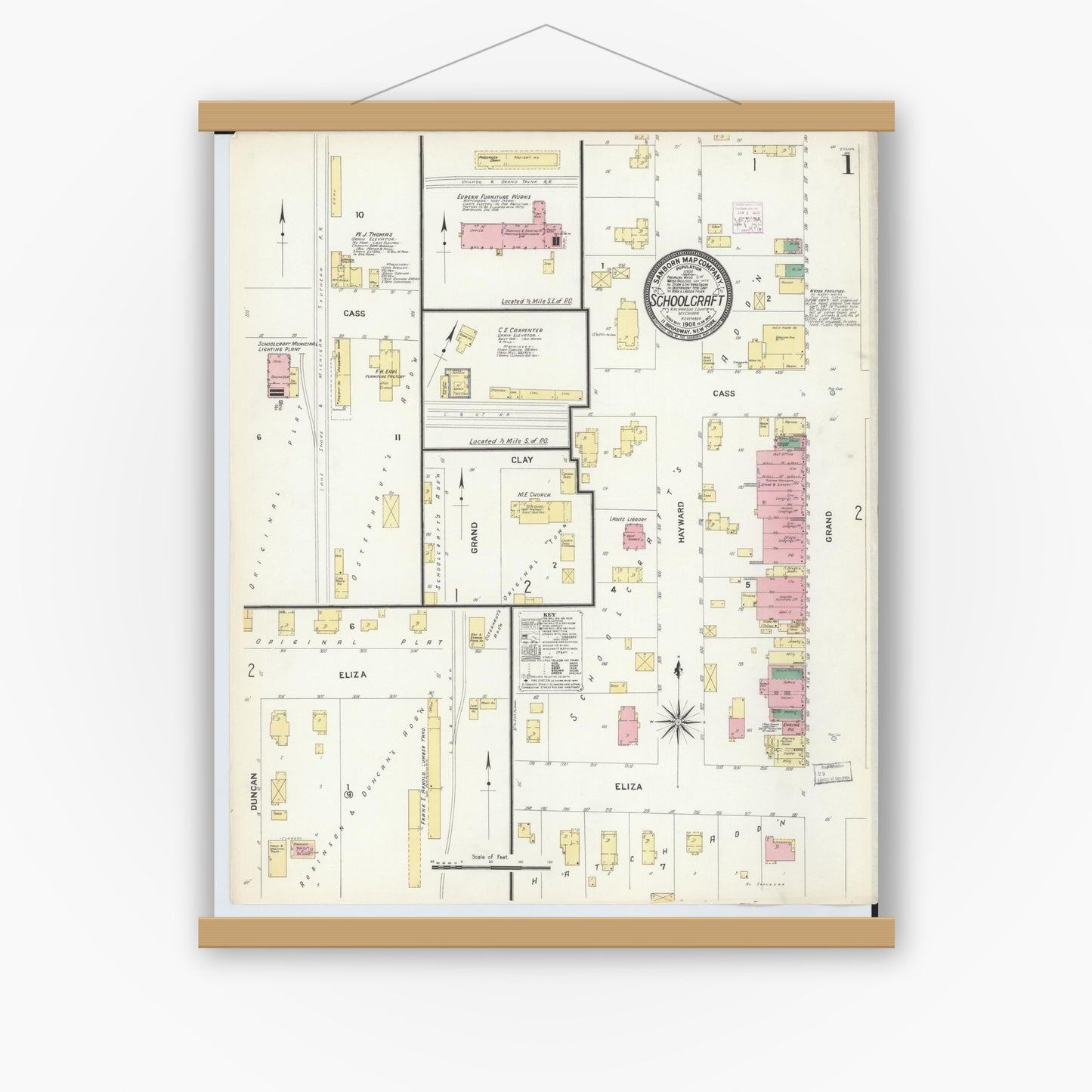 Old map wall art mockup — magnetic wood frame on white wall — Sanborn Fire Insurance Map from Schoolcraft, Kalamazoo County, Michigan (1908), Sheet #0001