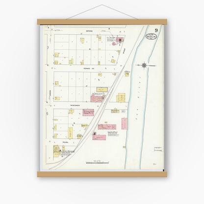 Old map wall art mockup — magnetic wood frame on white wall — Sanborn Fire Insurance Map from Berlin, Green Lake County, Wisconsin (1911), Sheet #0009