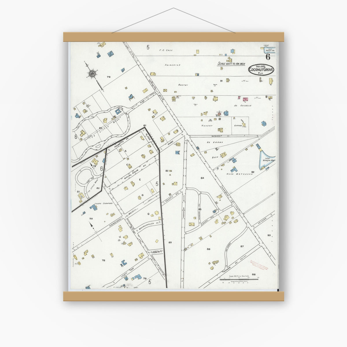Old map wall art mockup — magnetic wood frame on white wall — Sanborn Fire Insurance Map from Coconut Grove, Dade County, Florida (1920), Sheet #0006