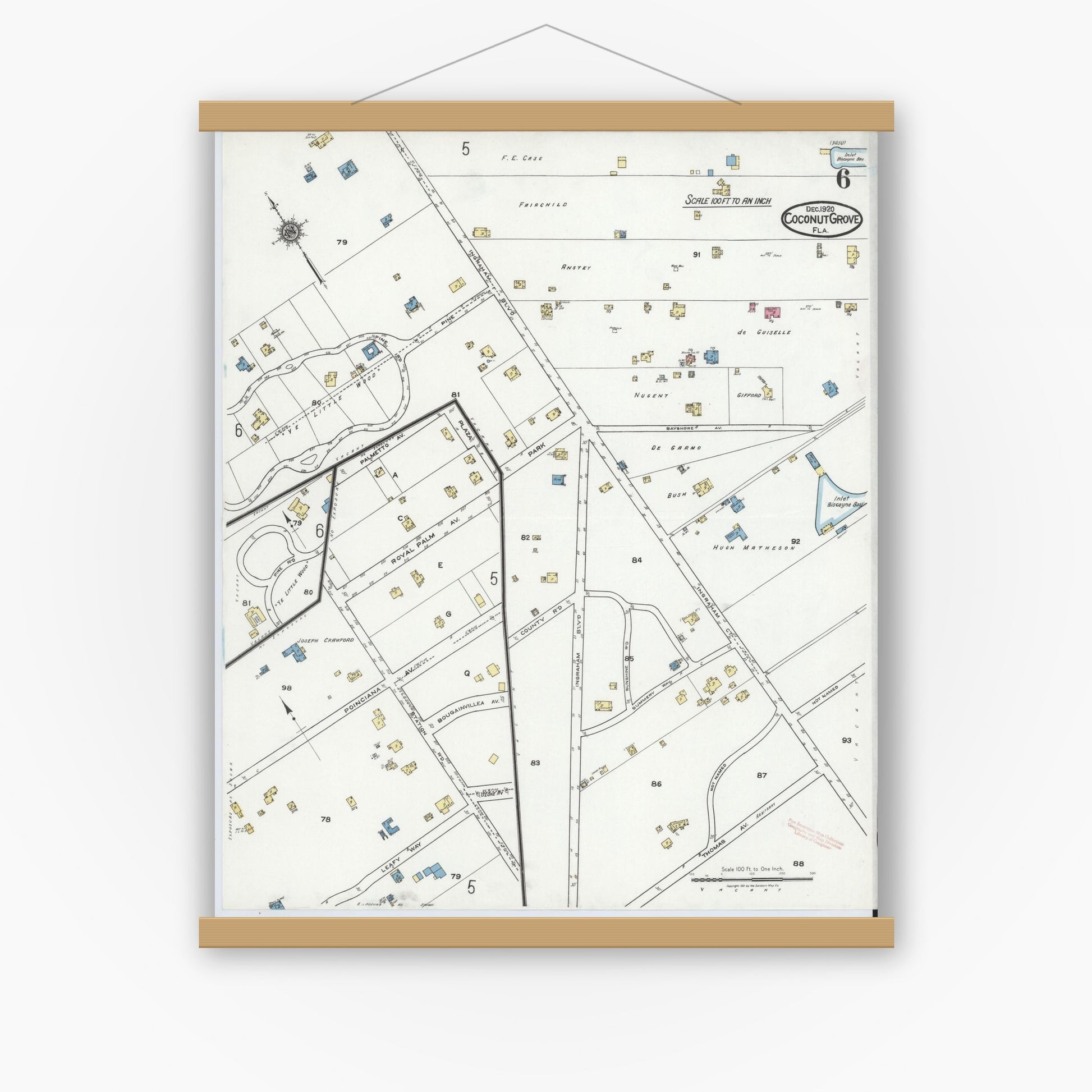 Old map wall art mockup — magnetic wood frame on white wall — Sanborn Fire Insurance Map from Coconut Grove, Dade County, Florida (1920), Sheet #0006
