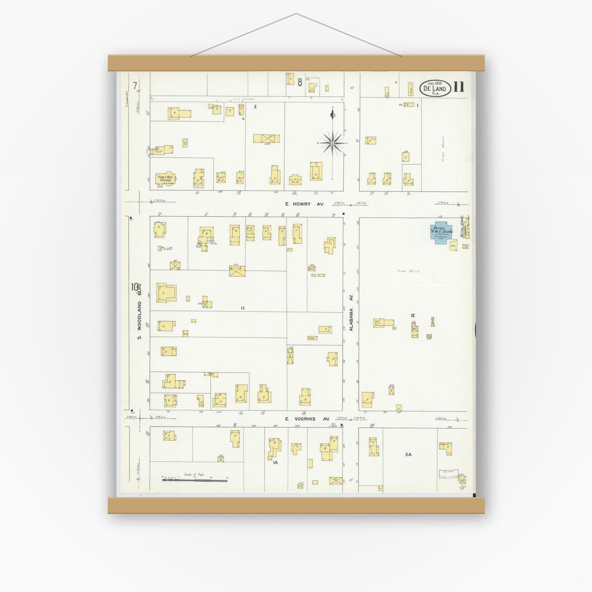 Old map wall art mockup — magnetic wood frame on white wall — Sanborn Fire Insurance Map from De Land, Volusia County, Florida (1909), Sheet #0011