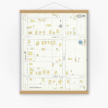 Old map wall art mockup — magnetic wood frame on white wall — Sanborn Fire Insurance Map from De Land, Volusia County, Florida (1909), Sheet #0011