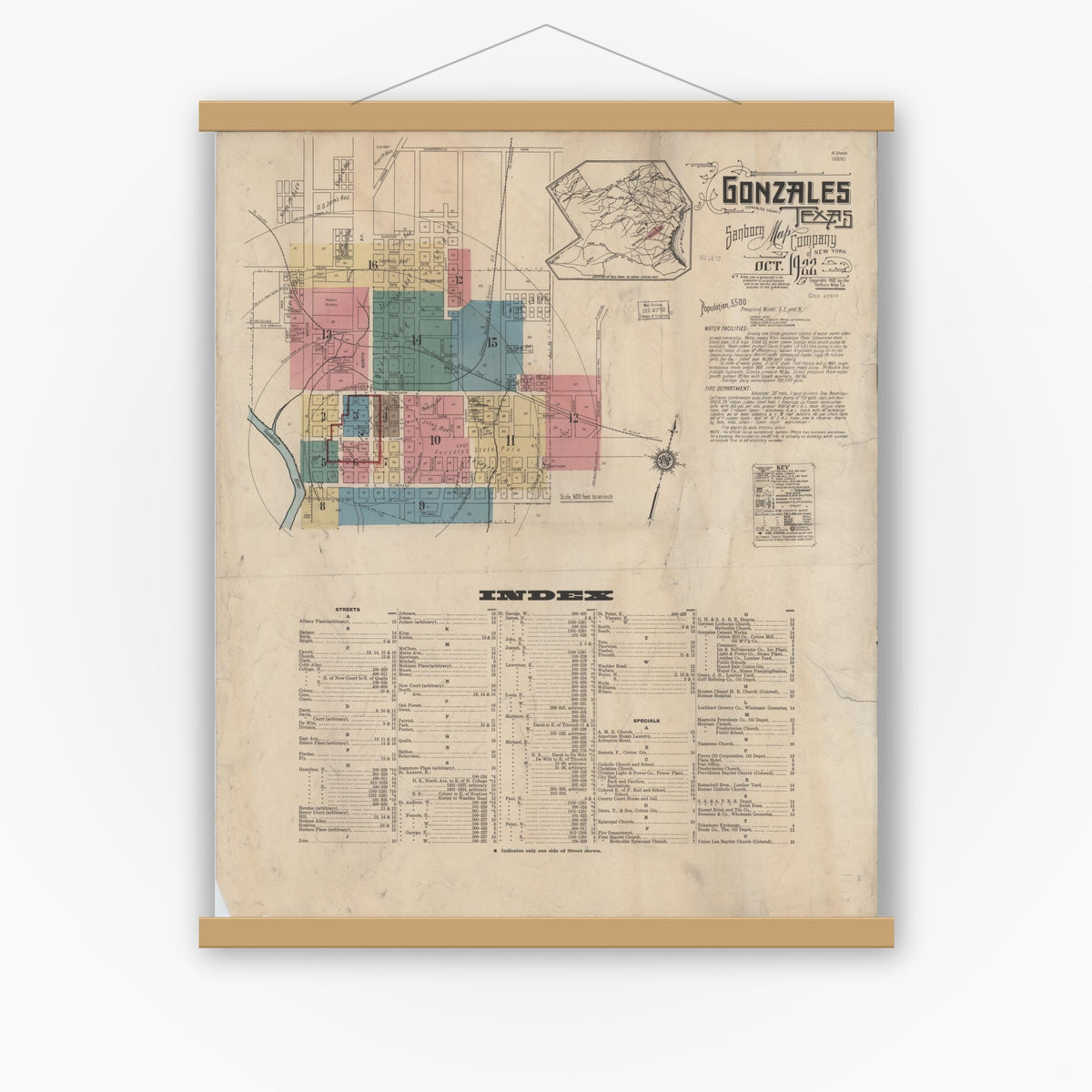 Old map wall art mockup — magnetic wood frame on white wall — Sanborn Fire Insurance Map from Gonzales, Gonzales County, Texas (1922), Sheet #0001