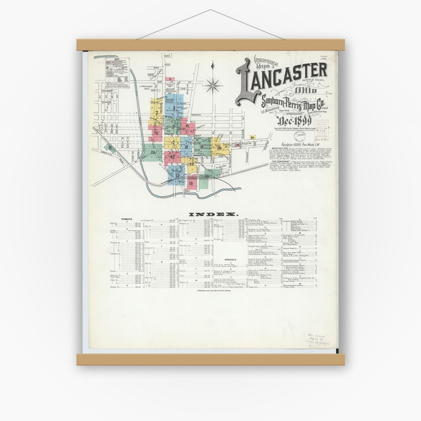 Old map wall art mockup — magnetic wood frame on white wall — Sanborn Fire Insurance Map from Lancaster, Fairfield County, Ohio (1899), Sheet #0001