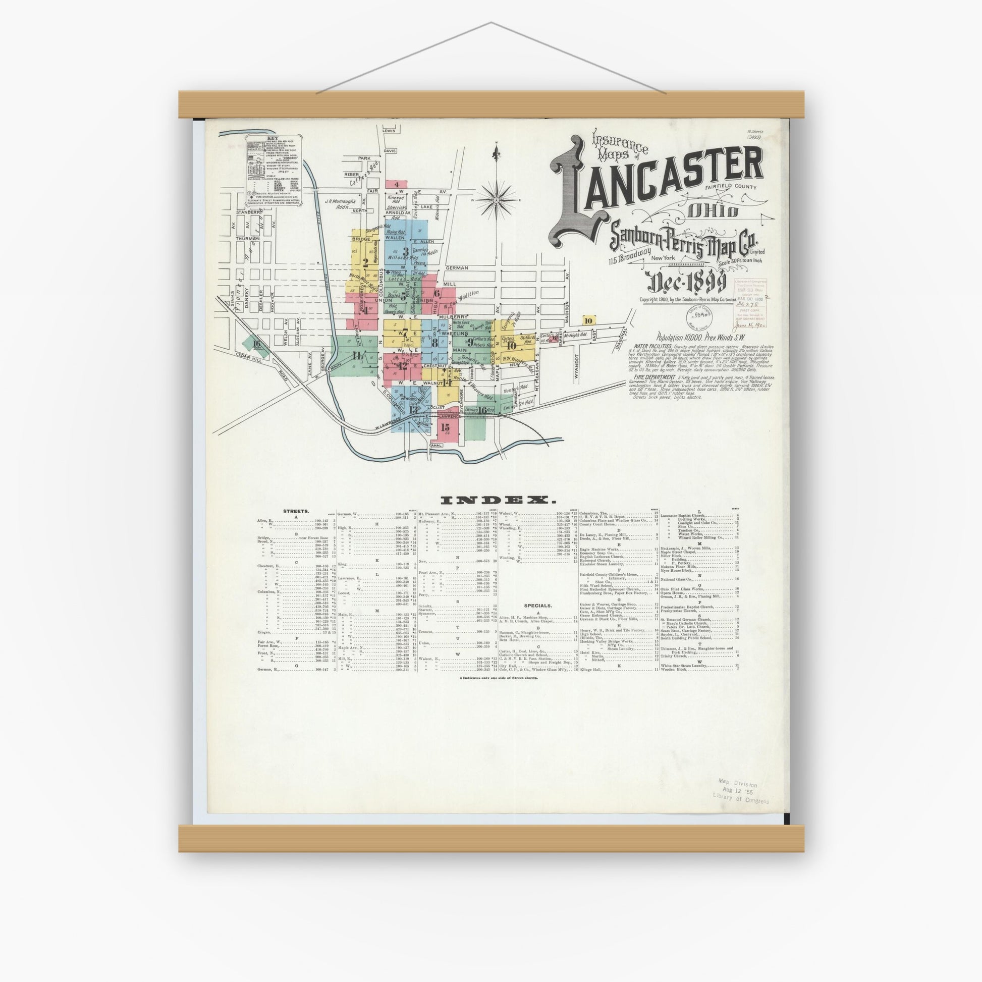 Old map wall art mockup — magnetic wood frame on white wall — Sanborn Fire Insurance Map from Lancaster, Fairfield County, Ohio (1899), Sheet #0001