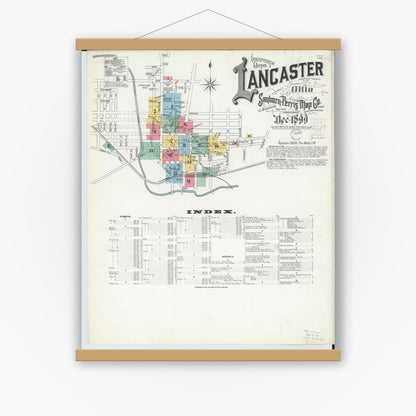 Old map wall art mockup — magnetic wood frame on white wall — Sanborn Fire Insurance Map from Lancaster, Fairfield County, Ohio (1899), Sheet #0001