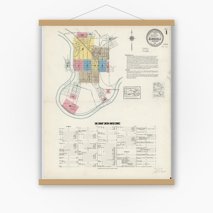 Old map wall art mockup — magnetic wood frame on white wall — Sanborn Fire Insurance Map from Blairsville, Indiana County, Pennsylvania (1915), Sheet #0001
