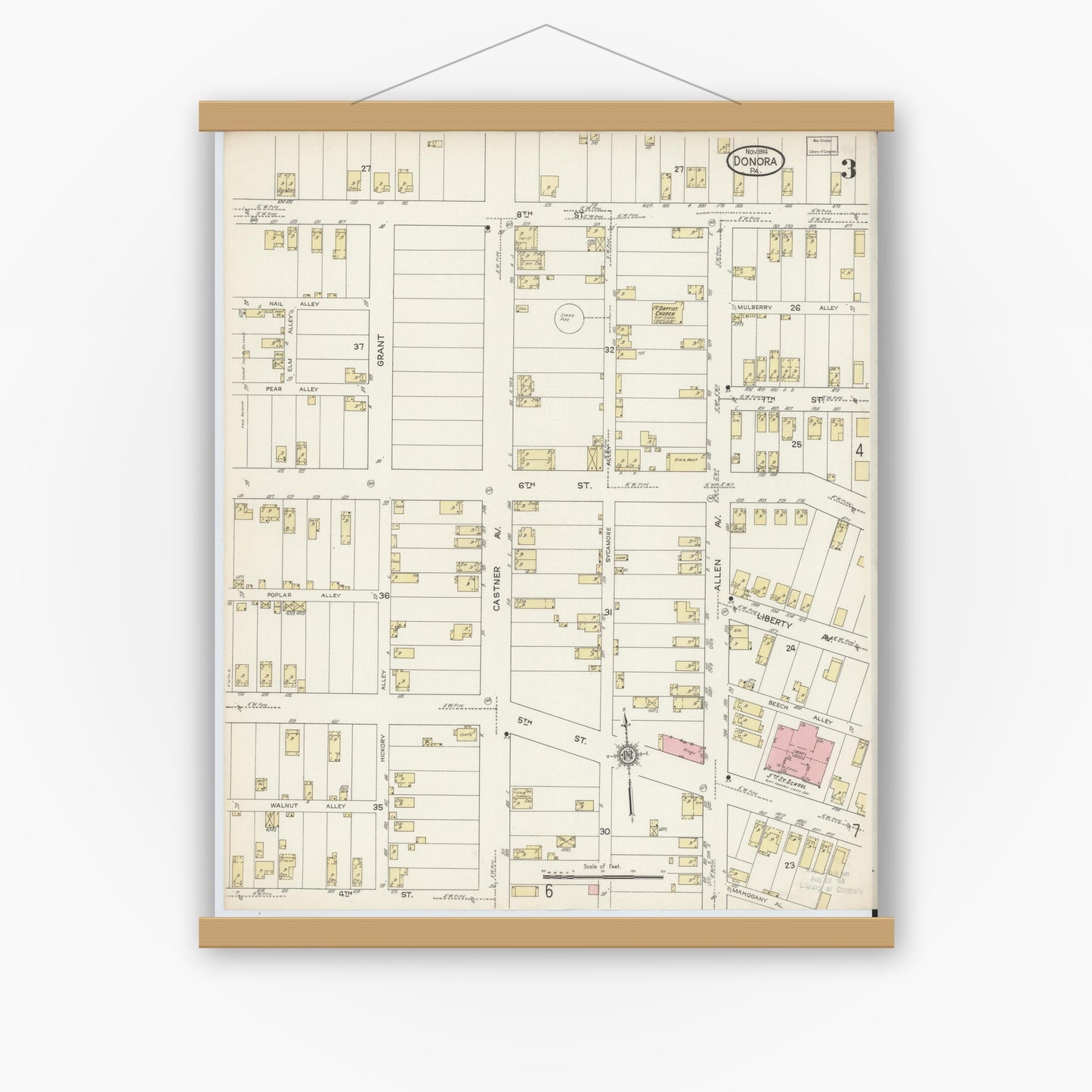 Old map wall art mockup — magnetic wood frame on white wall — Sanborn Fire Insurance Map from Donora, Washington County, Pennsylvania (1914), Sheet #0003
