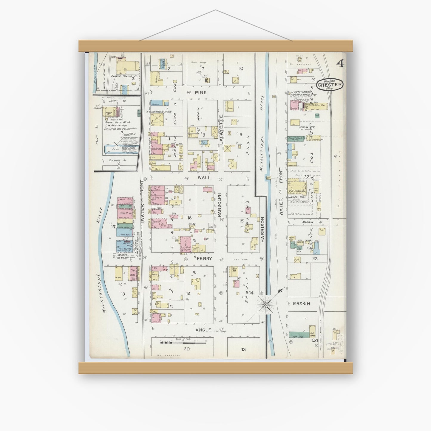 Old map wall art mockup — magnetic wood frame on white wall — Sanborn Fire Insurance Map from Chester, Randolph County, Illinois (1886), Sheet #0004