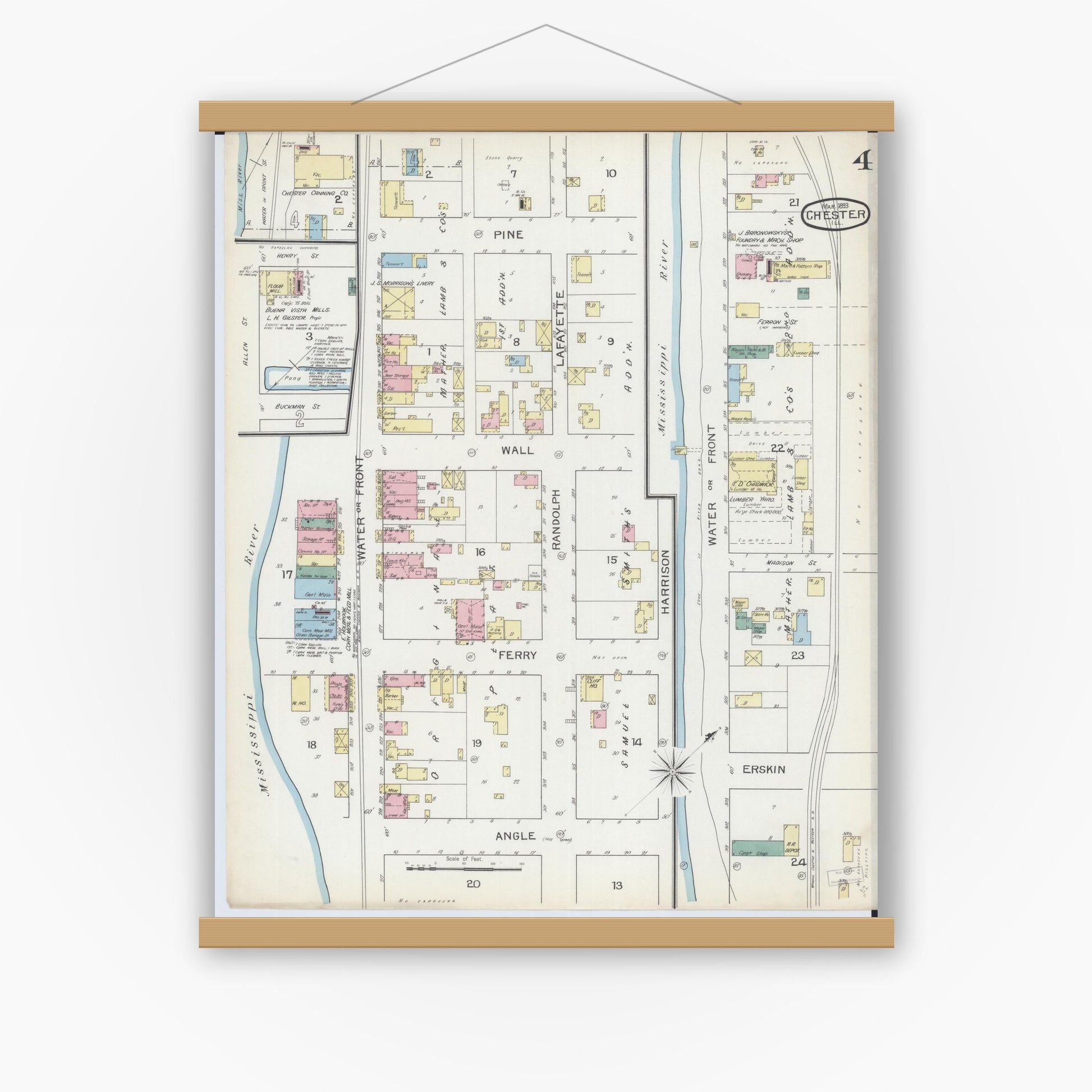 Old map wall art mockup — magnetic wood frame on white wall — Sanborn Fire Insurance Map from Chester, Randolph County, Illinois (1886), Sheet #0004