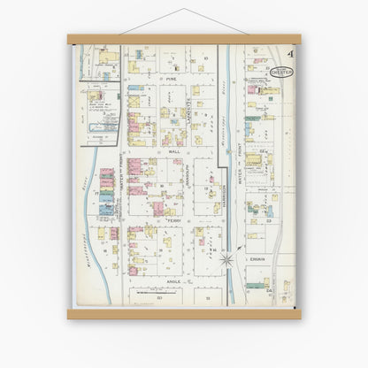 Old map wall art mockup — magnetic wood frame on white wall — Sanborn Fire Insurance Map from Chester, Randolph County, Illinois (1886), Sheet #0004